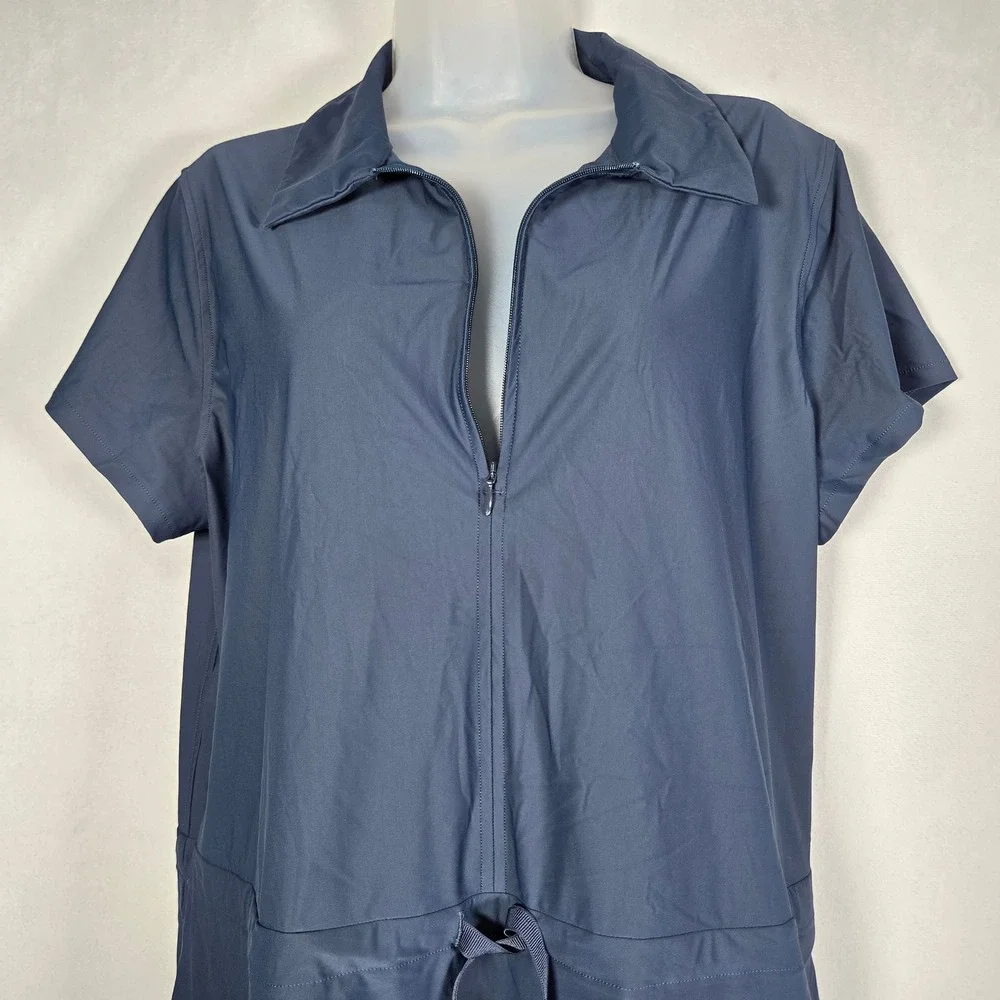 Spanx Sunshine Collared Drawstring Waist Dress XL Navy Blue Carry On Athleisure